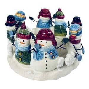 VTG Christmas CANDLE HOLDER LG 7” Round Snowman Figurines Holiday Table Decor